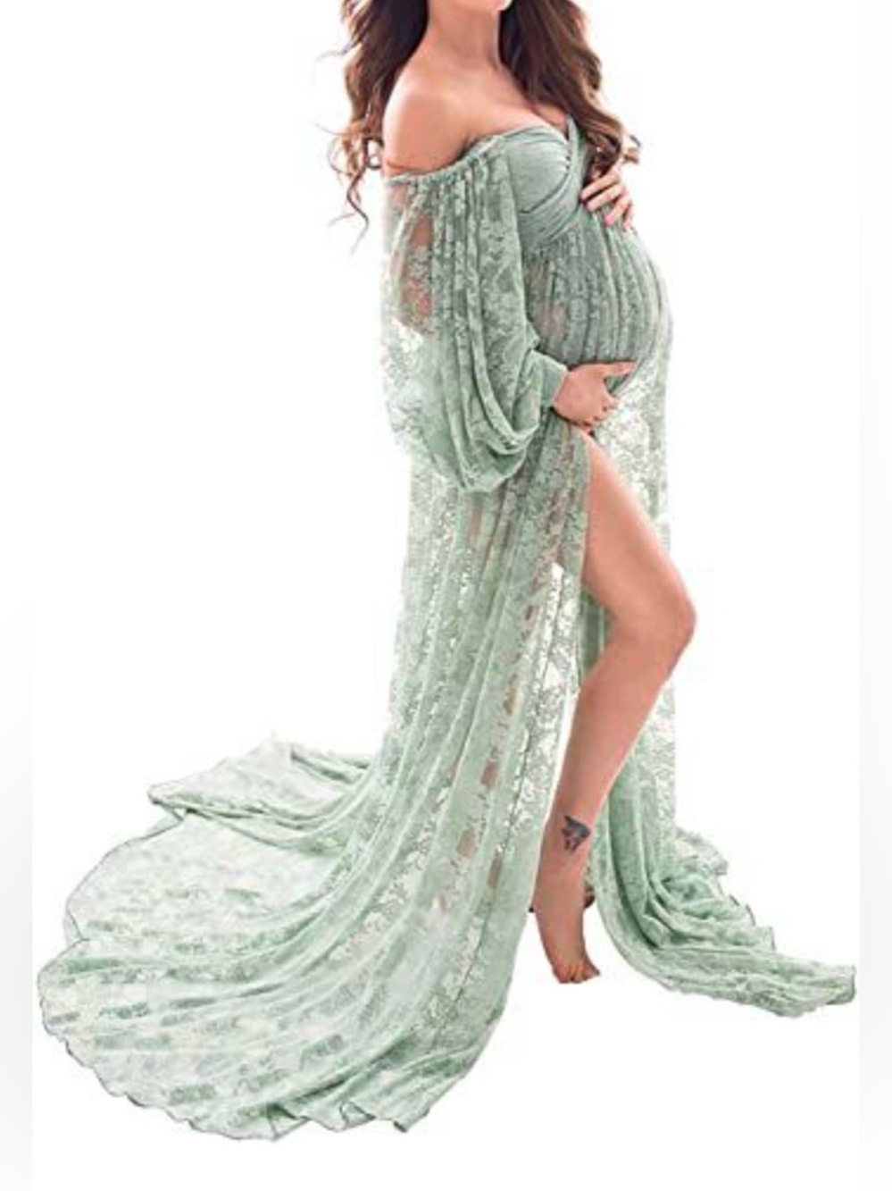 Saslax Lace Off Shoulder Doubly Split A-line Maternity Dress Soft, Photoshoot